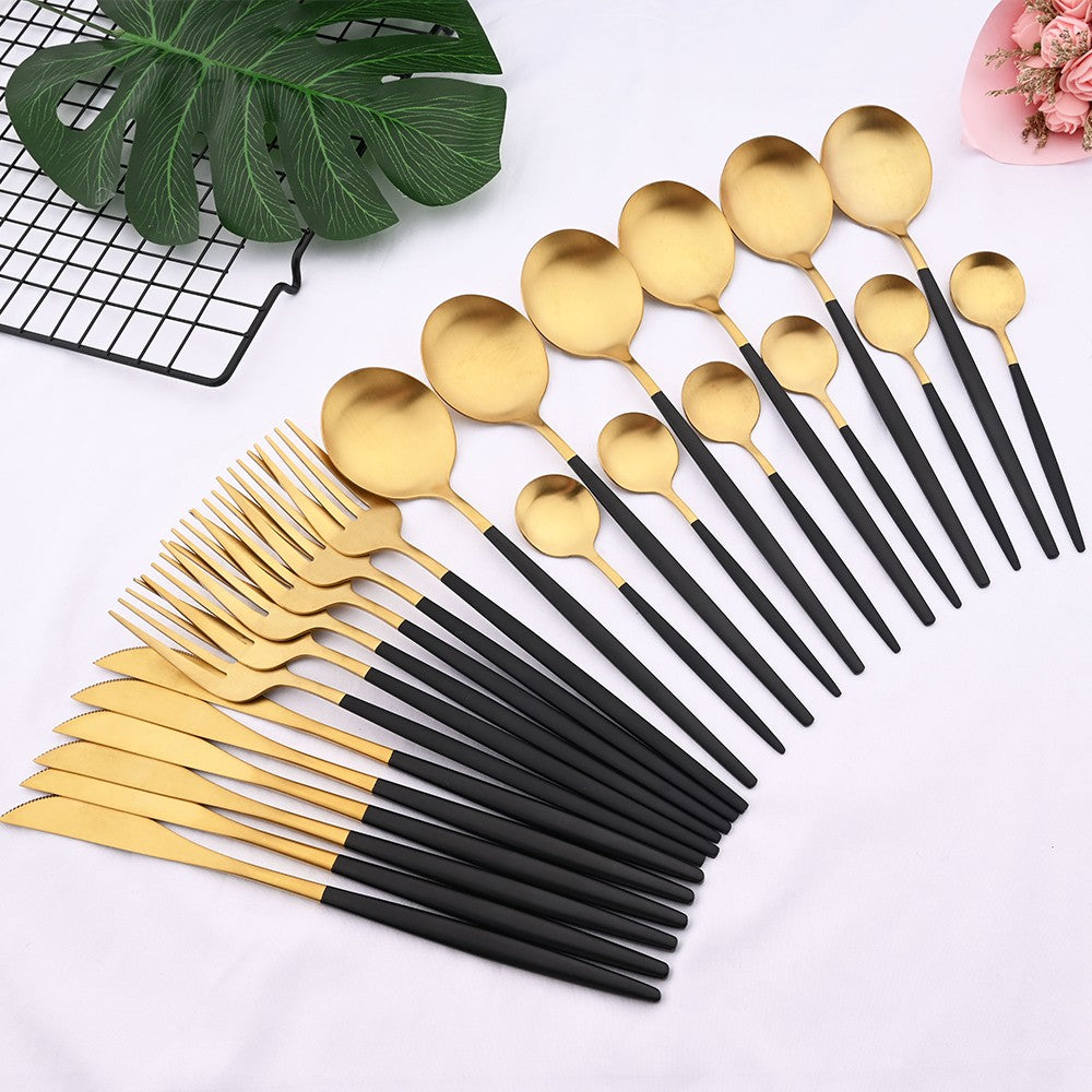 Conjunto de Talheres 24 Peças Preto Fosco em Aço Inoxidável para Cozinha, Faqueiro de Bife, Garfo, Colher, Louça de Mesa