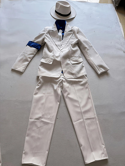 Kids Formal Themed Suit, Boys White Pinstripe Outfit with Hat and Tie