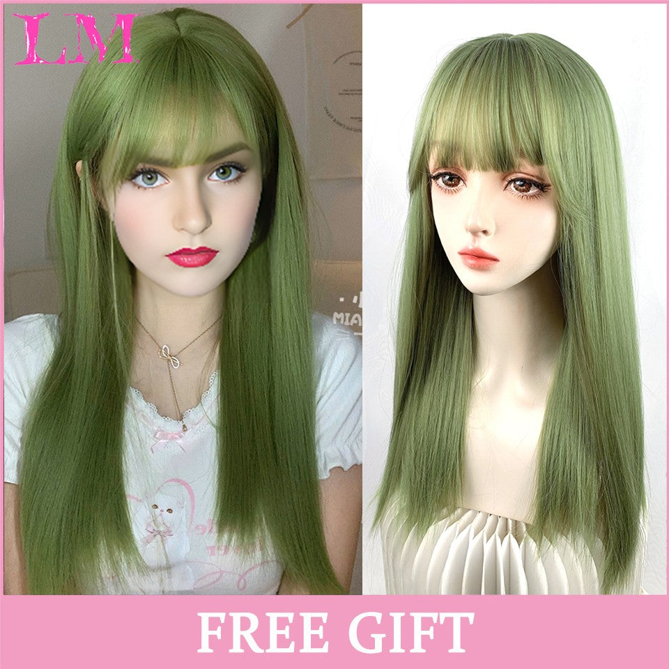 LM Medium Length Pink Cosplay Wig Heat Resistant Costume Party Synthetic Wigs 2 Clip On Ponytail 7 Colors
