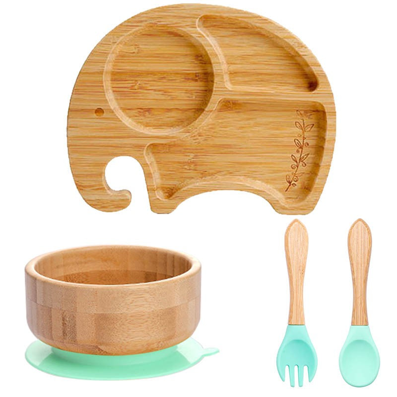 4pcs Bamboo Plate Sets Baby Feeding Bowl Wooden Kids Feeding Supplies Spoon Fork for Baby Tableware Suction Plate Bowl Cup