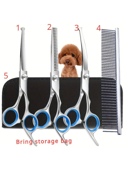 Conjunto de 5 Tesouras Profissionais de Estética para Animais de Estimação - Essencial para Animais de Estimação, Apenas para Móveis, Caixa de Armazenamento Preta