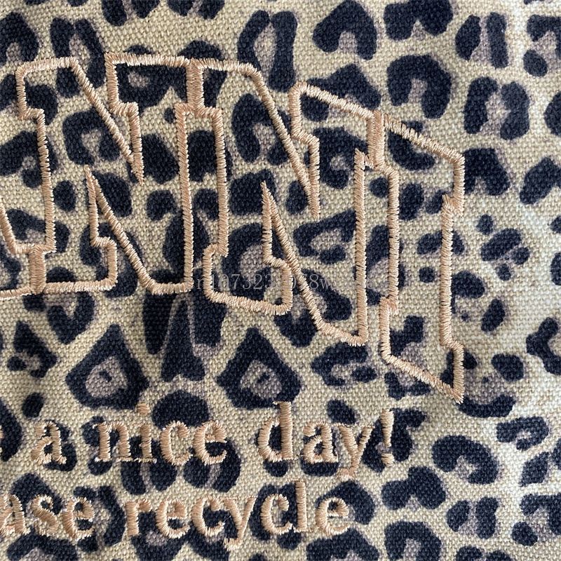 Korean Fashion Leopard Pattern Shoulder Bag Trendy Letter Embroidery Tote Bags Women Canvas Large Capacity Handbag Shopping Bags