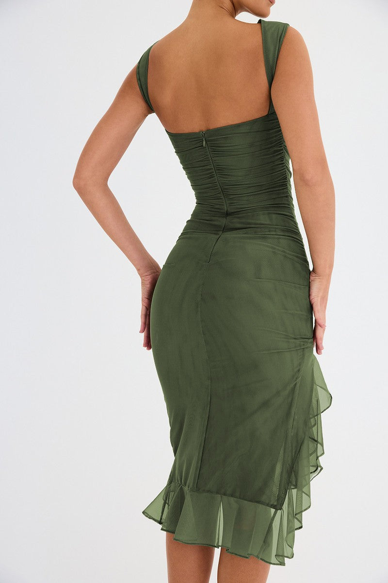 Mozision Elegant Ruffle Ruched Midi Dress For Women Robe Summer New Backless Sle