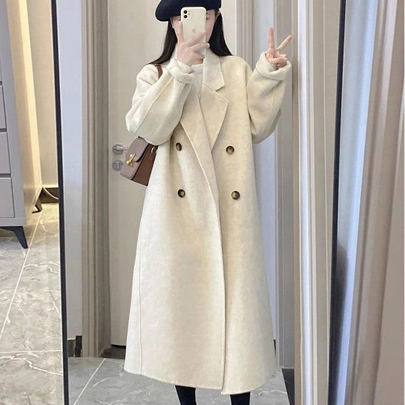 2024 New Winter Lady Lazy Style Baggy Mid-Long Thermal Woolen Coat Female Korean Version Concise Designer Versatile Coat Jackets