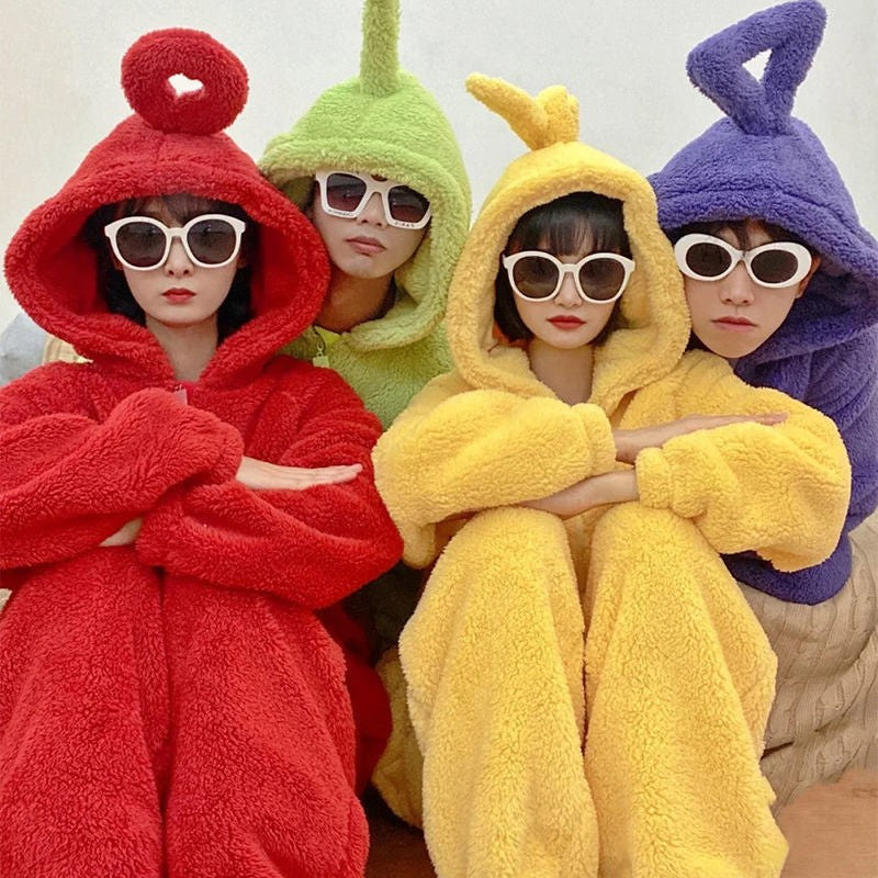 Adult Kids Teletubbies Costumes Soft Long Sleeves Piece Pajamas Costume Lala Home Clothes Cosplay Adult Unisex HomeWear