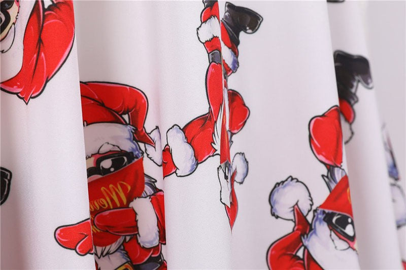 Fashion V-neck Short Sleeve Printed Christmas Dress Large Swing Vintage Elegant Xmas Party Dress