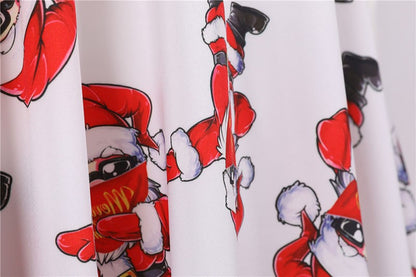 Fashion V-neck Short Sleeve Printed Christmas Dress Large Swing Vintage Elegant Xmas Party Dress
