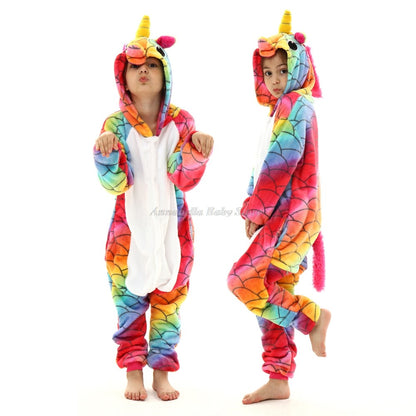 Winter Kids Pajama Sets Soft Warm Flannel Unicorn Costume Kigurumi Boy Girl Onesie Set Panda Tiger Bunny Deer Lion Pyjamas Suit