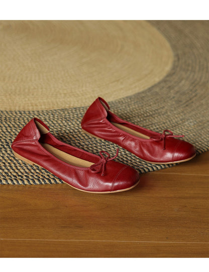 Mary Jane Women Loafers Hand Stitch Casual Streetwear Ballet Flats Soft Sole Solid Color Women Shoes Comfy Round Head Bow Shoes