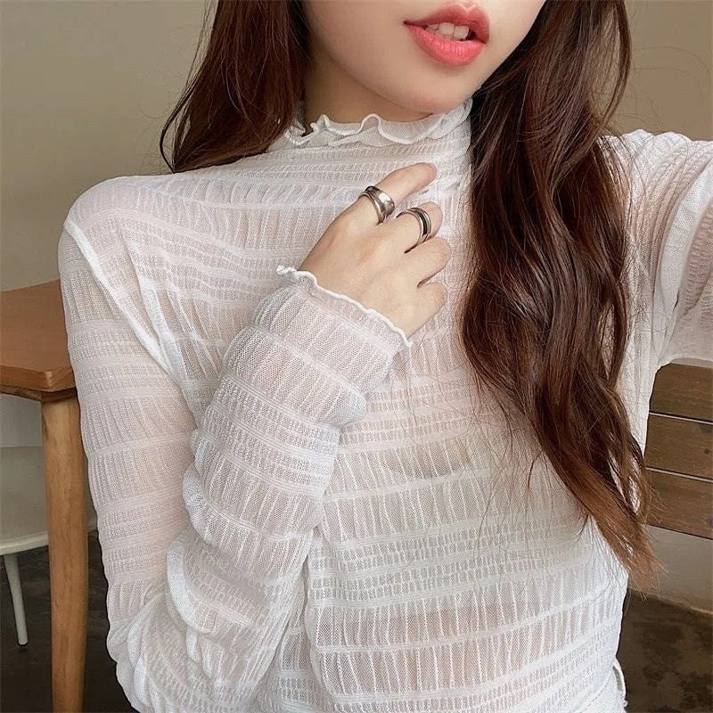 New Women Floral Lace Shirt Spring Autumn Long Sleeve Sexy Mesh Bottoming Shirts Mock Neck Blouse T-Shirt Pullover Top