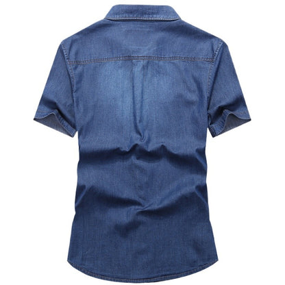 Men Multi pockets Blue Denim Shirts New Summer Male Short Sleeve Tooling Shirts High Quality Men Cotton Casual Jeans Shirts 4XL