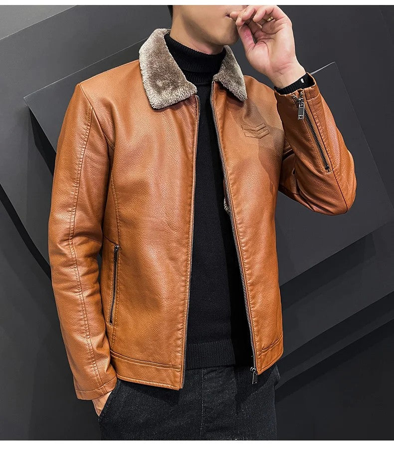 Vintage Brown Leather Jacket Men's Winter Faux Fur Collar Windproof Warm Coat Male Luxury Clothing Brand chaqueta cuero hombre