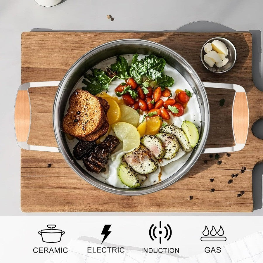 Conjunto de Panelas de Aço Inoxidável 5 Camadas com 10 Peças Incluindo Frigideira, Panela e Caçarolas para Indução e Todos os Fogões, Não-Aderente