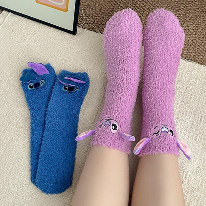 Meias Térmicas Fofas de Desenho Stitch da Disney Meias de Coral Fleece Antiderrapantes para Casa Presente Fofo de Inauguração Presente de Natal Meias de Casal