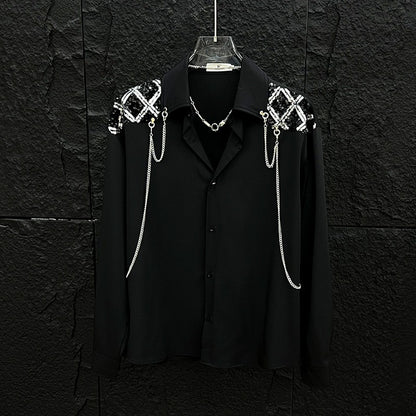 New high-end personalized metal chain design for men's long sleeved patchwork loose sequined shirt