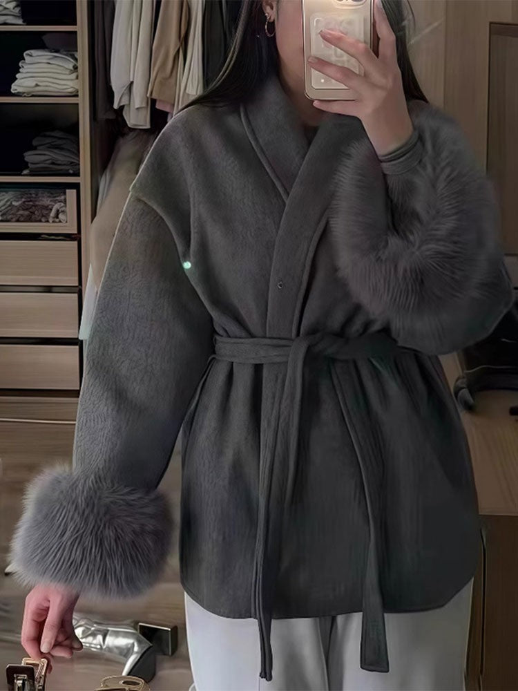 2025 Chic Lapel Plush Coat With Belt Women Vintage Solid Faux Fur Sleeve Tweed Open Coats Female Autumn Casual Street Outwear