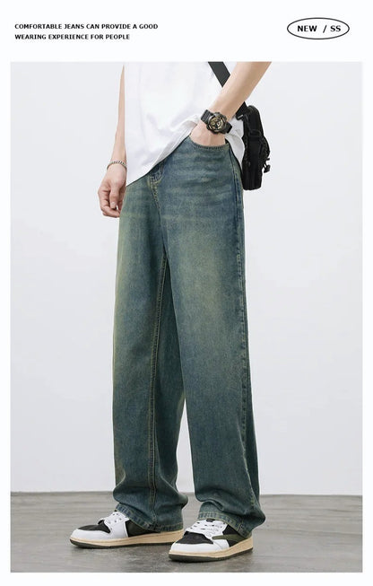 2025 Primavera Outono Novas Calças Jeans Masculinas Retas Vintage Casuais Masculinas de Alta Qualidade Estilo Coreano Baggy Calças Jeans de Perna Larga