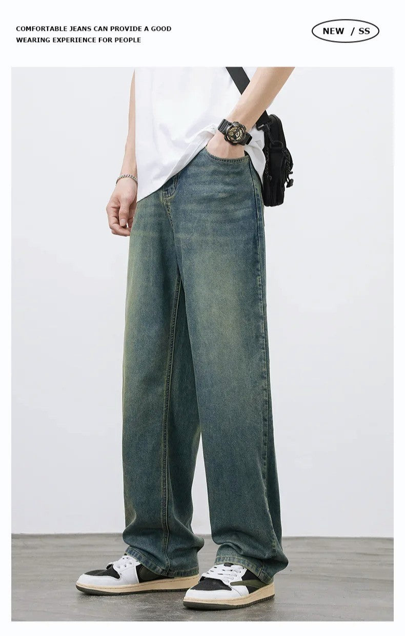 2025 Primavera Outono Novas Calças Jeans Masculinas Retas Vintage Casuais Masculinas de Alta Qualidade Estilo Coreano Baggy Calças Jeans de Perna Larga