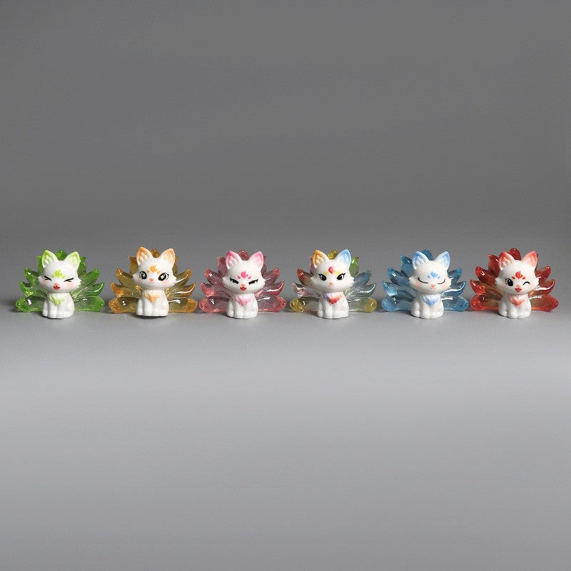 1/6Pcs Cute 9 Tailed Fox Resin Figurine, Kawaii Fantasy Miniature Mythical Fox Animal Decor for Desk Shelf Car Collectible Gift
