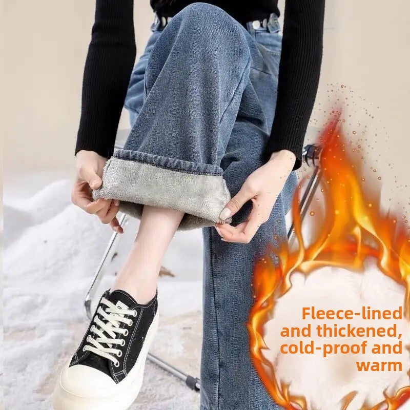 Thickened Fleece Lined Retro Women's Wide Leg Jeans Winter New Style Hong Kong Flavor Small Size Straight Cut Warm Trousers