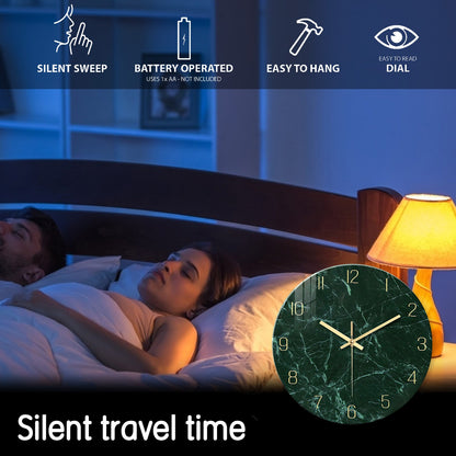 Personalized Dark Green Marble Texture Pattern Tempered Glass Wall Clock Living Room Bedroom Kitchen Home Decoration Wall Clock Silent Quartz Clock Holiday Gift 12 Inches 14 Inches 16inch (Without Batteries)