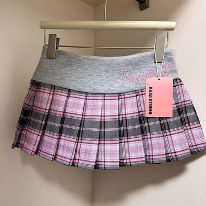 American Retro Spicy Girl Plaid Half Skirt Women Summer New Embroidery Patchwork Fashion High Waist Pleated Short Skirt