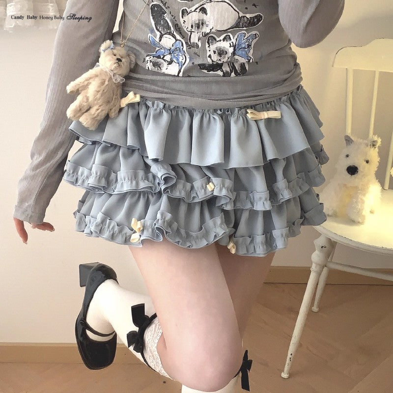 Y2K Sweet Ruffles Mini Skirt Women Kawaii Lolita Bow A Line Skirts Harajuku Japanese Cute High Waist Pink Blue Cake Skirt