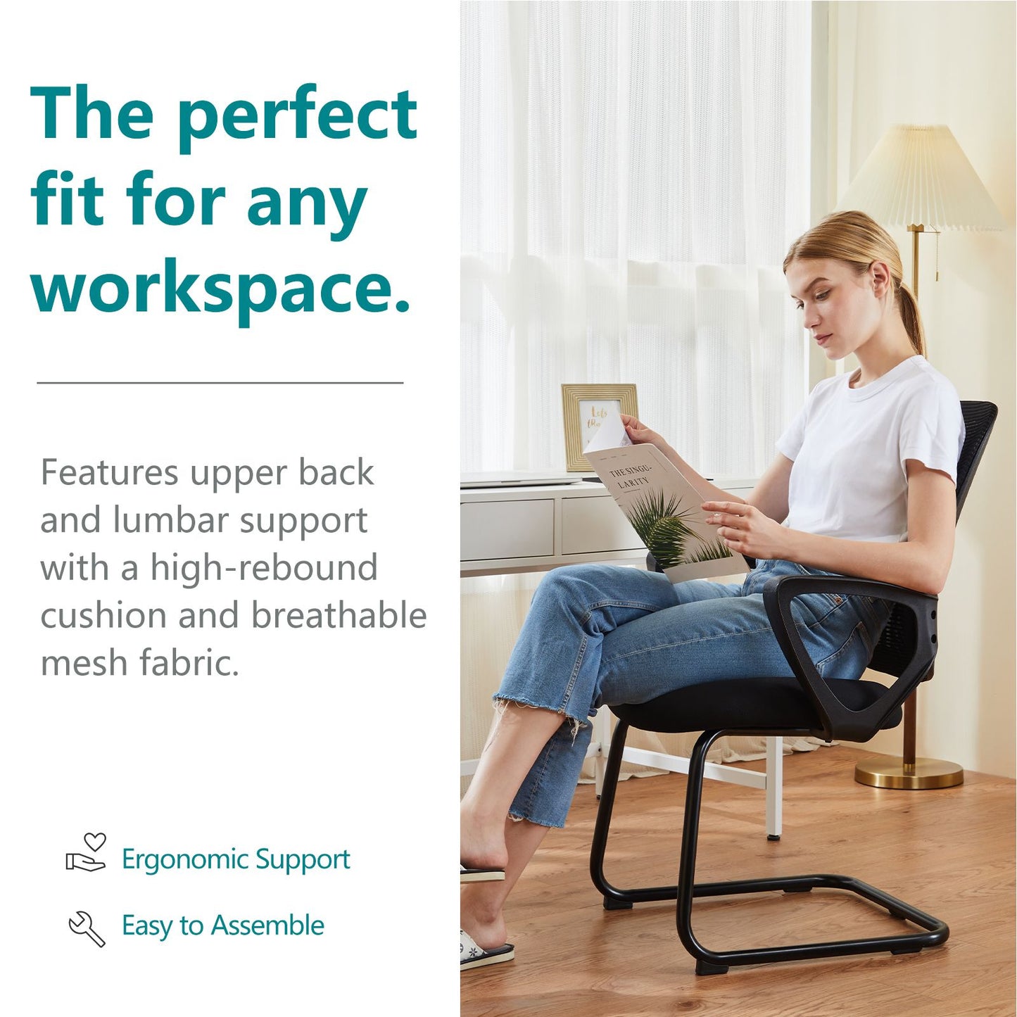 JHK Ergonomic Office Chair No Wheels with Comfy Armrest and Mesh Lumbar Support Back Basket Design for Guest Reception