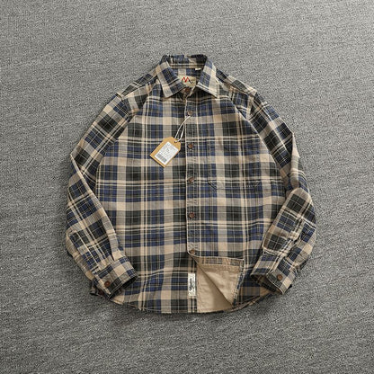 2024 Spring and Autumn New American Retro Woven Plaid Cargo Shirt Men's Simple 100% Cotton Washed Single Pocket Thin Jacket