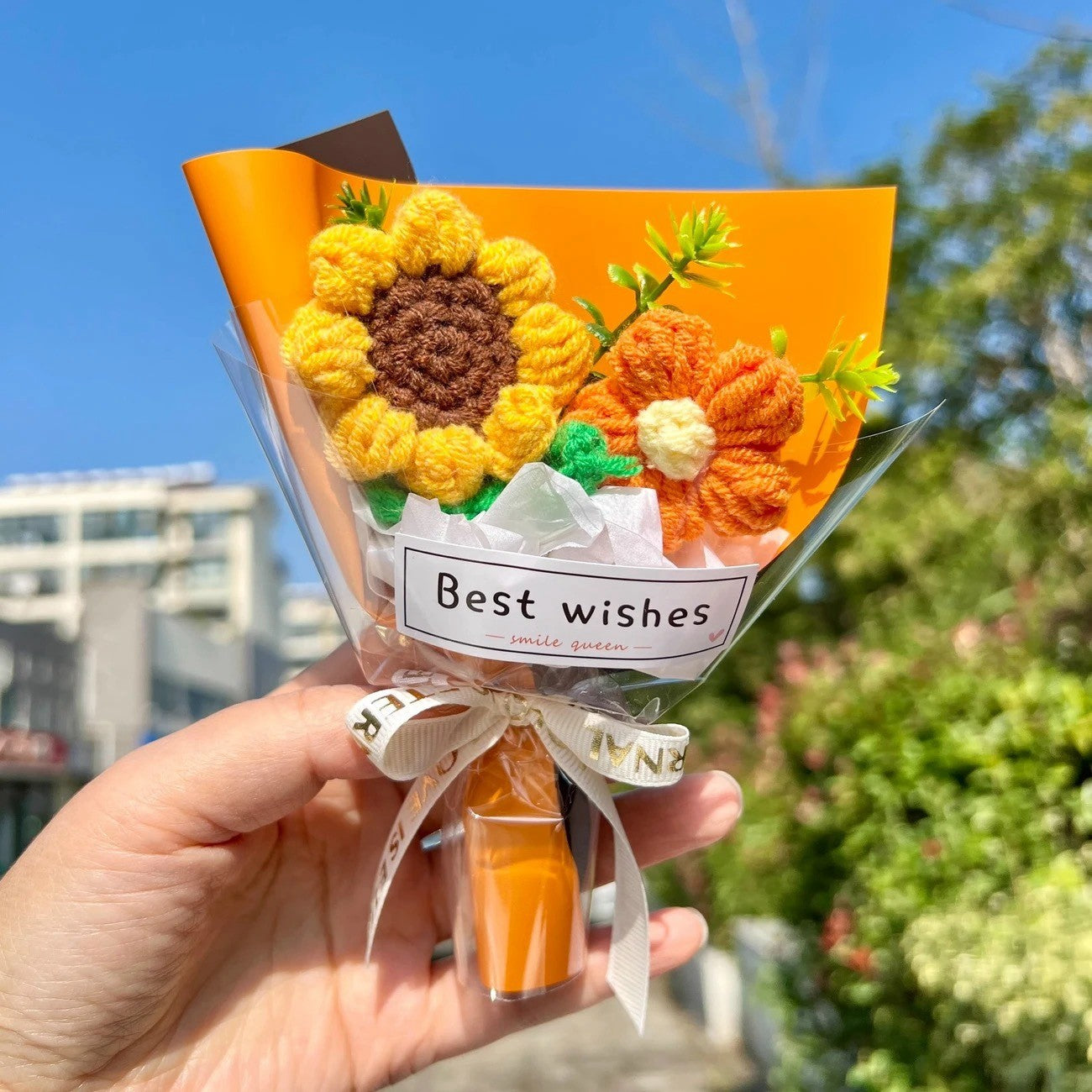 Sunflower Crochet Bouquet Mini Artificial Flower Handmade Knitted Flowers Bouquet Wedding Birthday Gift Room Decor Halloween