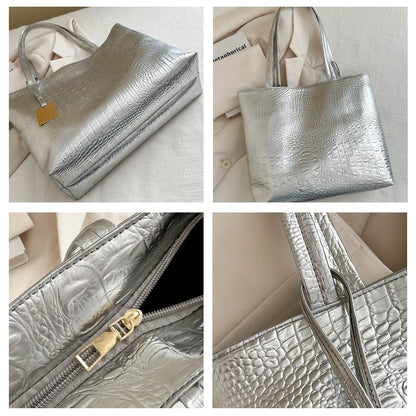 Fashion Casual Women Shoulder Bags Silver Gold Black Crocodile Handbag PU Leather Female Big Tote Bag Ladies Hand Bags Sac
