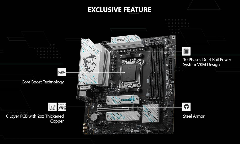 MSI B650M GAMING PLUS WIFI AMD B650 Suporta DDR5 7200+MHz (OC) 192GB Placa-mãe AMD Ryzen ™ Série 7000 8000 Socket AM5