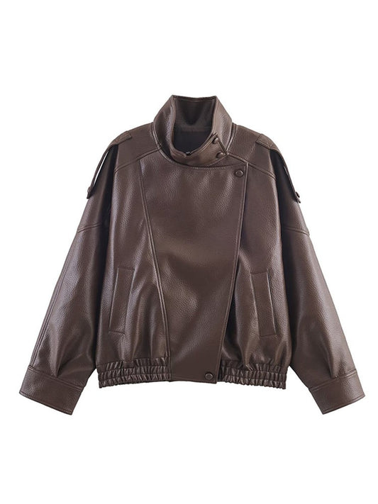 Faux Leather Stand Collar Bomber Jacket Women Locomotive Epaulet Slant Opening Ruched Coats Fashion Autumn Winter Lady Outerwear