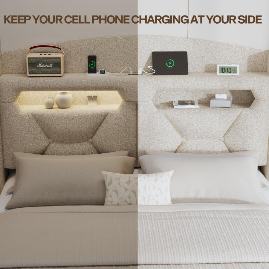Estrutura de Cama Queen Size com Cabeceira Estofada em Bouclé, Base Plataforma com Armazenamento, Estação de Carregamento, Luzes LED e Espuma Macia