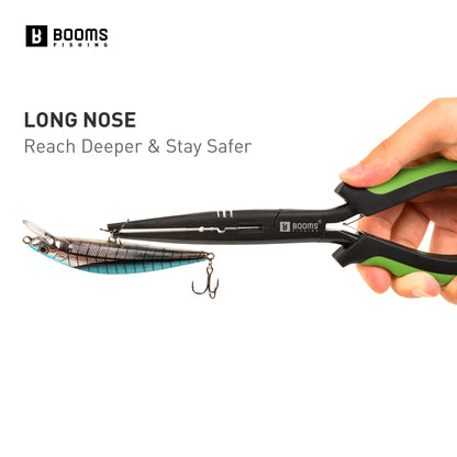 Alicate de Pesca Multifuncional Booms Fishing F03 23,5cm Bico Reto Longo Aço Inoxidável Cortador de Linha Tesoura Ferramenta