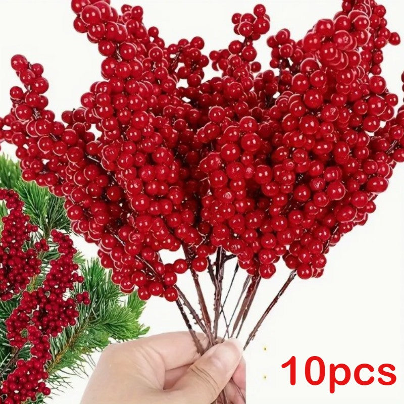 10pcs Artificial Berries Christmas Decoration Flowers Red Berry Branches Xmas Tree Party Home Table Ornament Red Wreath DIY