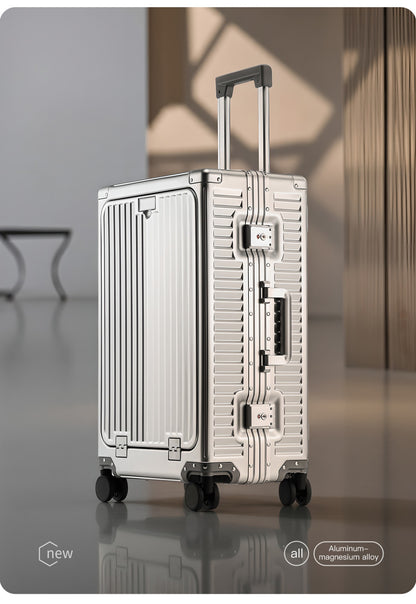 SUSHIMU 20-inch all-aluminum-magnesium alloy luggage with front opening, trolley suitcase, carry-on suitcase, metal travel
