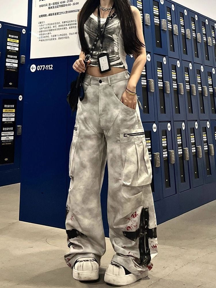 American Street Gothic Graffiti Print Pocket Jeans Women Retro Distressed Loose Fashion Street Casual High Waist Wide Leg Jeans