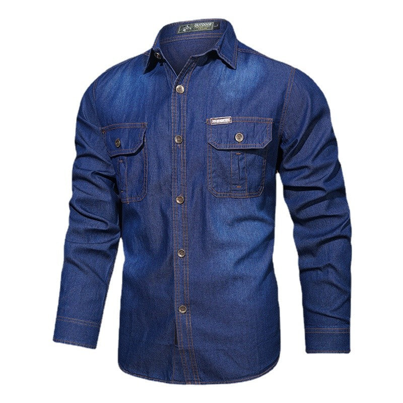 New Spring Men Outdoor Multi-pocket Denim Tooling Shirts Man Long-sleeved Denim