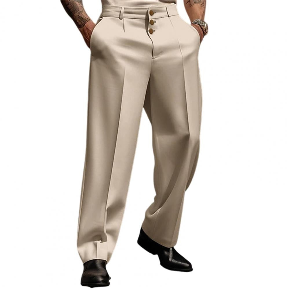 Men Suit Pants Elegant Men's Business Suit Pants with Straight Loose Fit Soft Pockets Button Closure Mid Waist Formal for Office