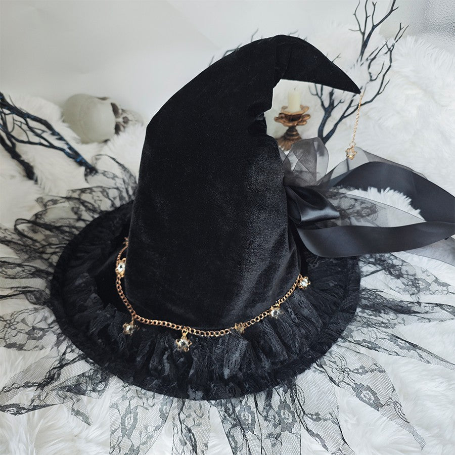 Handmade Lace Witch Pointed Hats Bandage Bow Wizard Hat Adult Gothic Lolita Cosplay Costume Accessories Halloween Party Hat