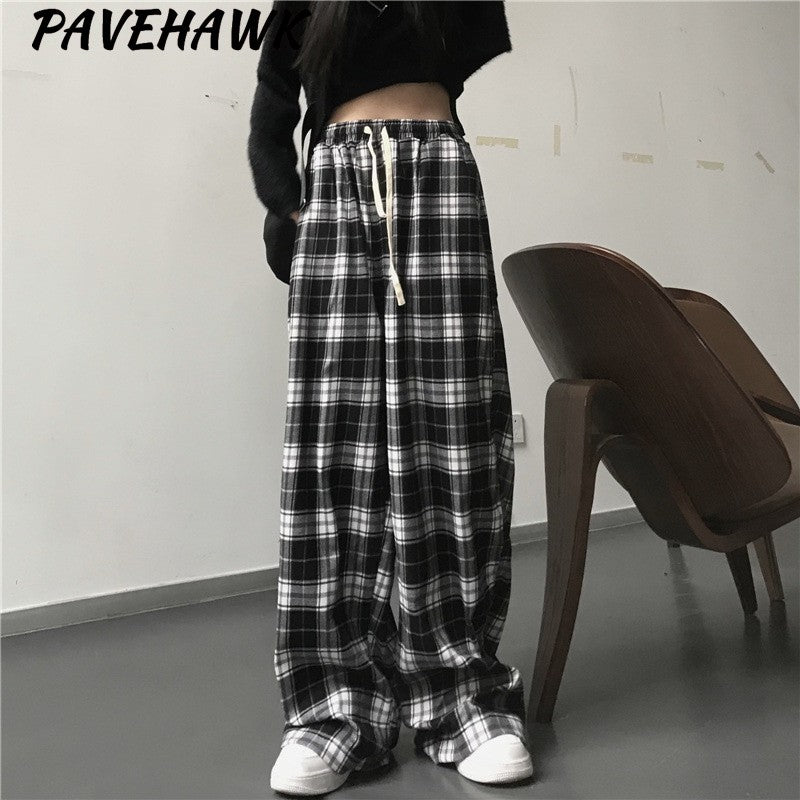 Women Black Plaid Wide Leg Pants Casual Hip Hop Elastic Waist Pockets Baggy Trousers Loose Vintage Y2K Sweatpants Streetwear