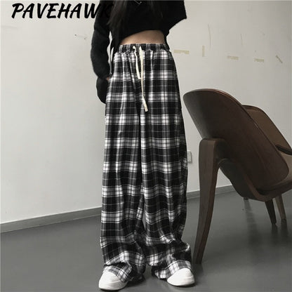 Women Black Plaid Wide Leg Pants Casual Hip Hop Elastic Waist Pockets Baggy Trousers Loose Vintage Y2K Sweatpants Streetwear