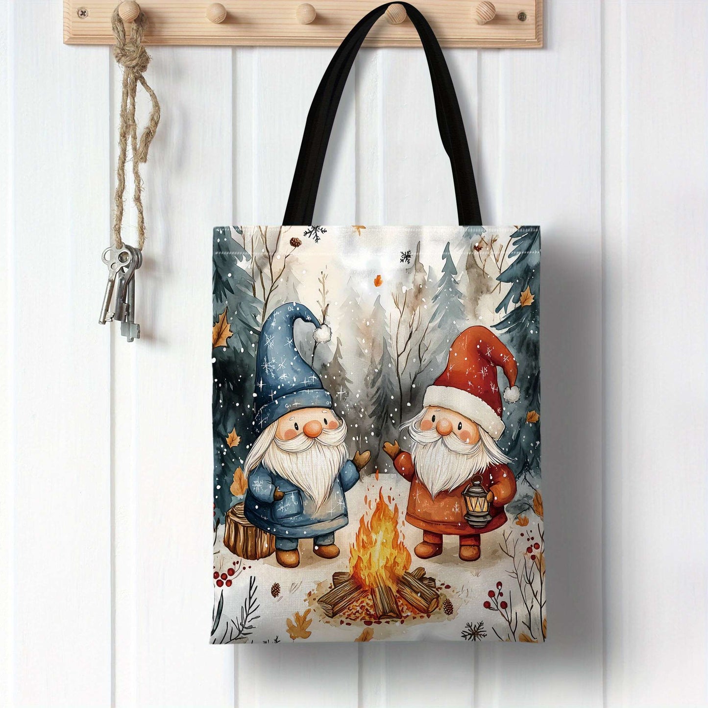 Christmas Themed Polyester Tote Bag Two Gnomes Design, Durable Shoulder Bag for Shopping Shoulder Bag Festive Handbag Casual Use