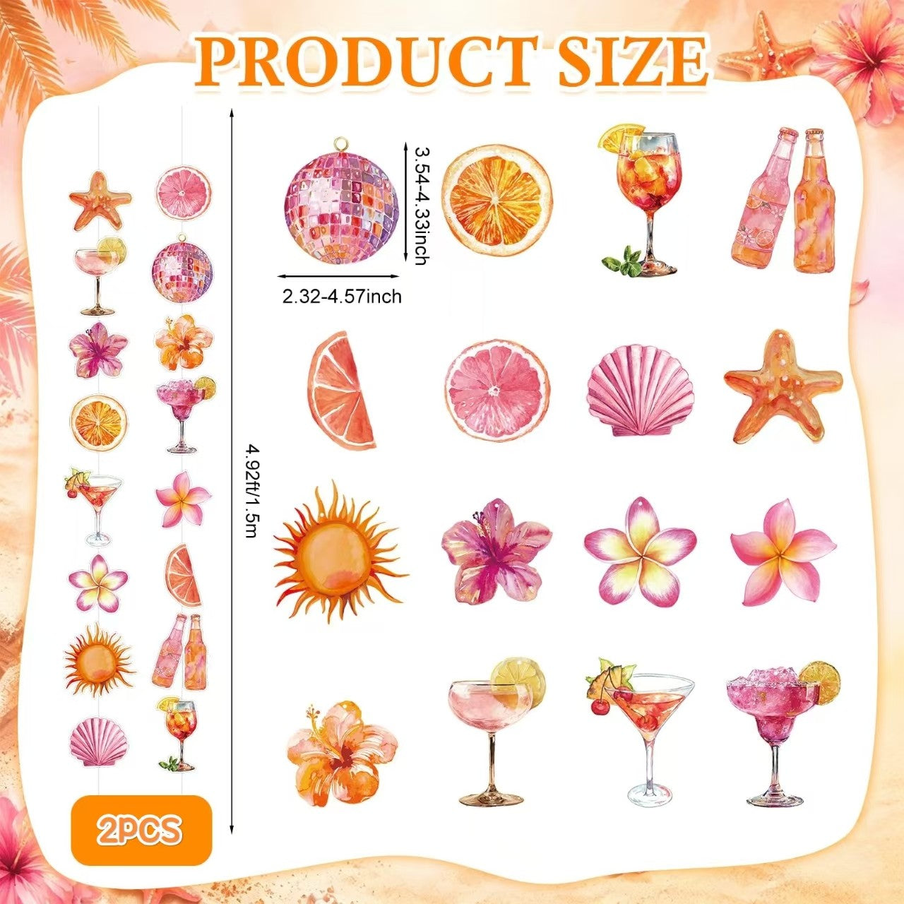 Orange Hawaiian Luau Flowers Lemon Citrus Garland Banner Tropical Aperol Spritz Cocktail Beach Bar Honeycomb ornament Decor
