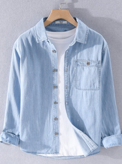 Spring Japanese Sle Loose Casual Long Sve Men's Denim irt Vintage Simple Outerwear Youth Faion Stand Fit Button up