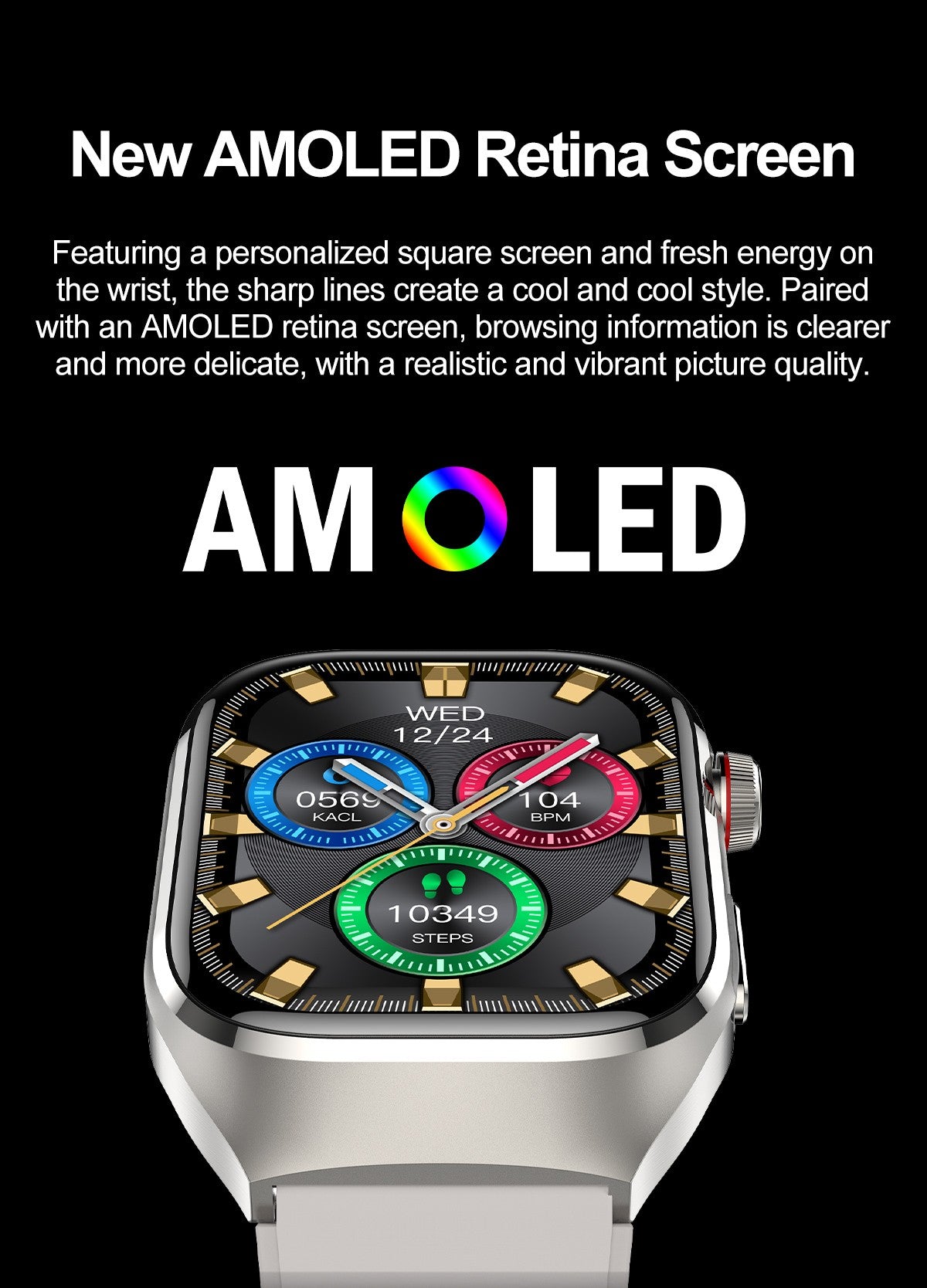 2025 Novo Smartwatch Tela AMOLED de 2.04 polegadas Chamada Bluetooth IP68 À Prova D'água 650mA Smartwatches Esportivos Masculinos Android Grau Militar