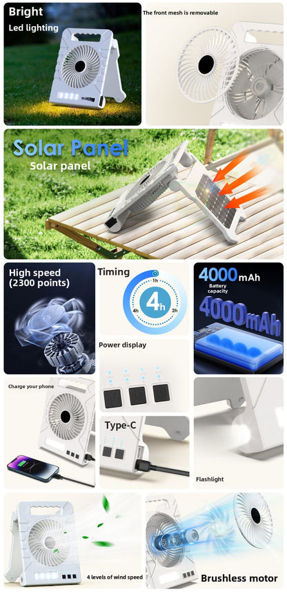 Powered Camping Solar Fan - Portable Rechargeable Handheld Fan with LED Light, Power Bank for Outdoor, Fishing, and Wild Camping
