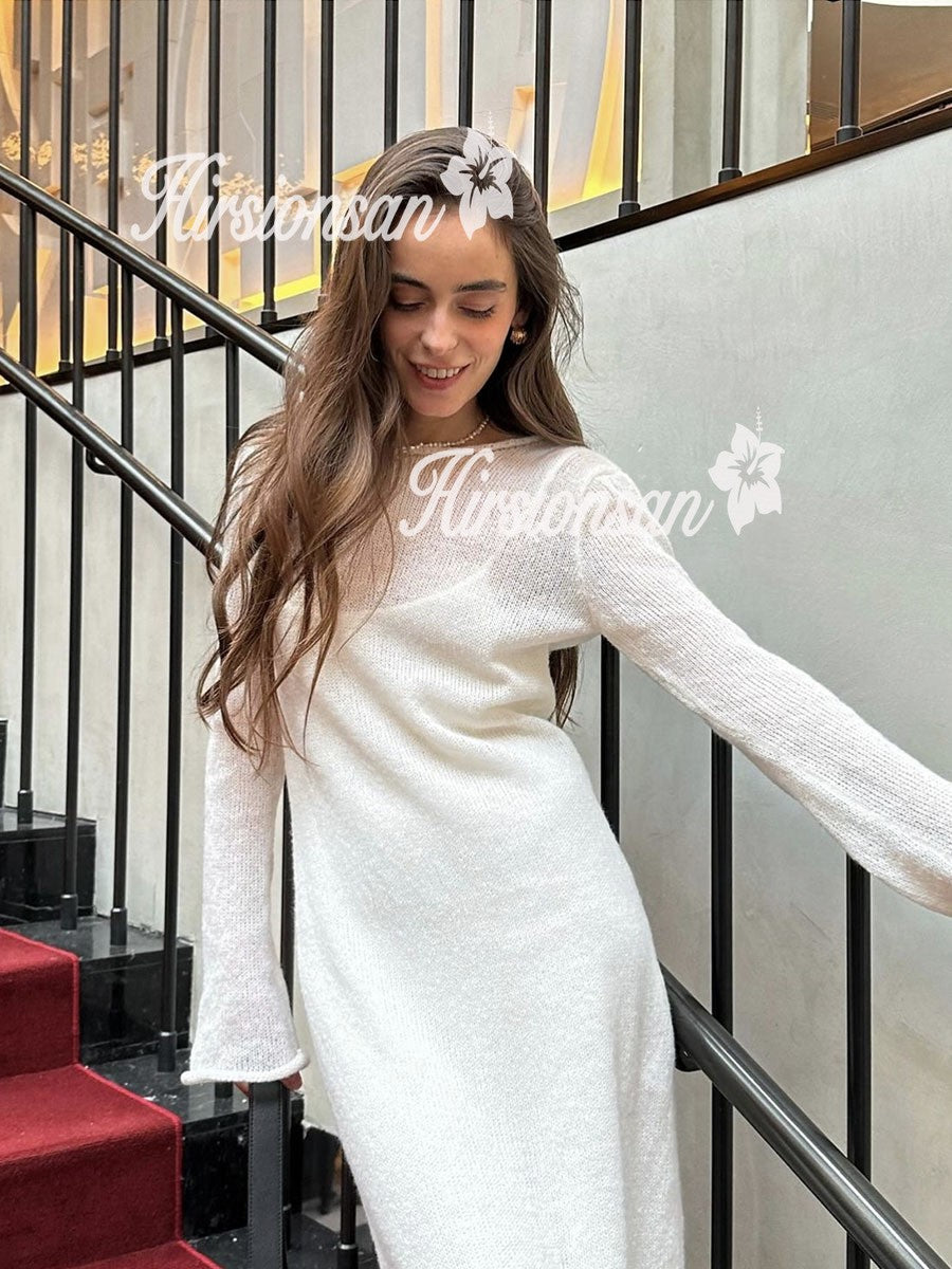 Hirsionsan Spring Autumn O-Neck Elastic Knit Long Dresses Women 2024 Elegant Chi