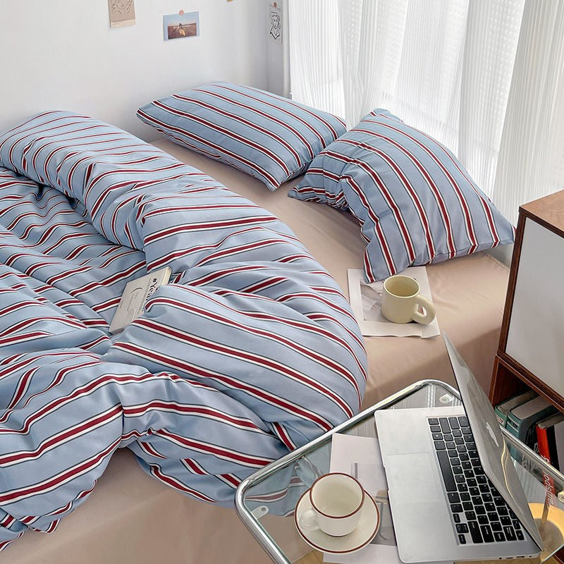 Simple Style Red And Blue Stripe Duvet Cover Set Bed Flat Sheet Set Washed Cotton Bedding Set for kids adult
